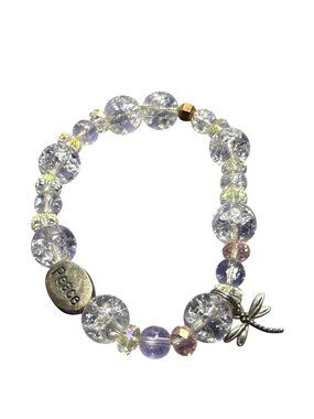 Crackled Glass Bead Stretchy Charm Bracelet Dragonfly Peace 7.25 in Unstretched